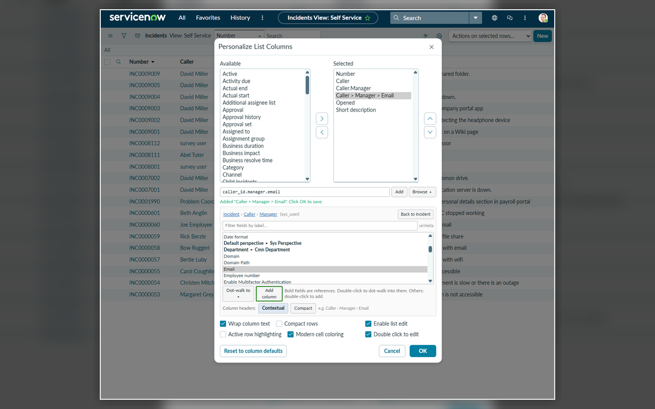 The Personalize List Columns dialog with the Browse panel showing Caller › Manager › Email